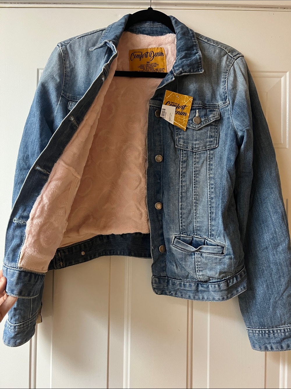 Comfort Denim Women's Light Wash Denim Jacket with Pink Sherpa Lining